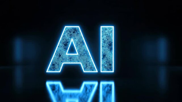 Futuristic digital artificial intelligence concept with glowing blue ai letters and binary code pattern on a dark reflective surface, symbolizing advanced technology and innovation