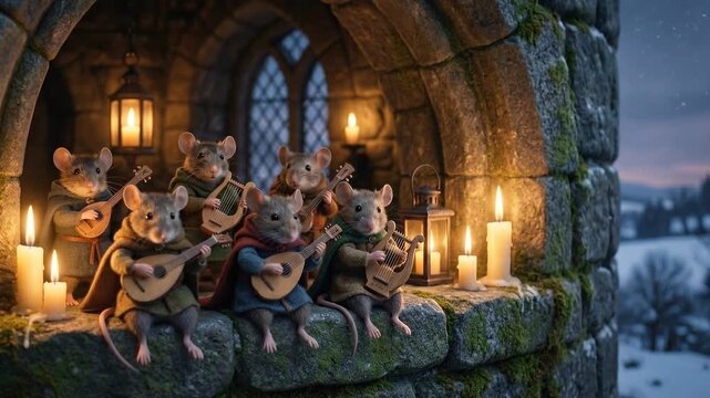 Enchanting Mice Musicians Performing in a Candlelit Stone Archway During Winter.