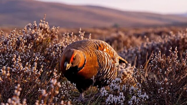 Black Grouse Bird in Heather Field.