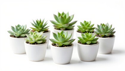 Obraz premium Arranging succulent plants in white pots indoor display decorative ideas minimalist environment top-down view greenery concept