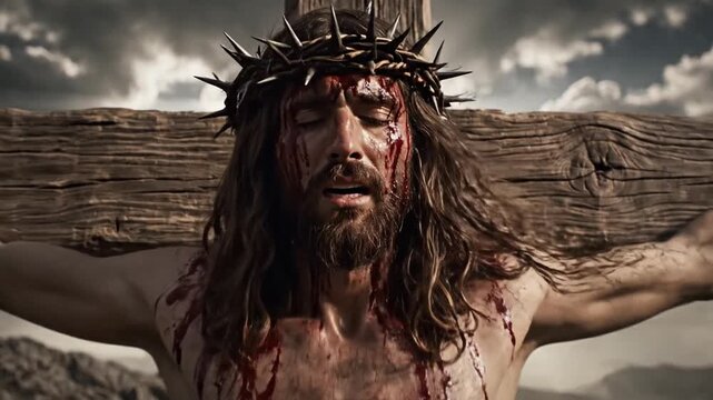 Cinematic portrait of Jesus Christ suffering while wearing a crown of thorns, intense emotional expression depicting the passion and sacrifice in dramatic lighting for religious media