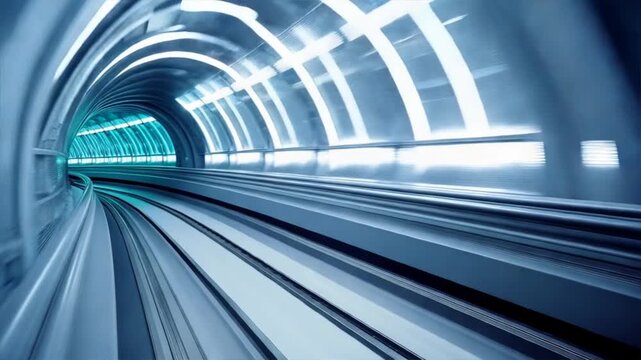 Futuristic underground tunnel with illuminated tracks, creating a fast-paced ambiance ideal for technology themes.