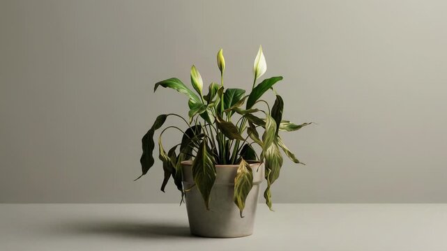 Potted peace lily plant wilting, then reviving and blooming with white flowers on neutral background