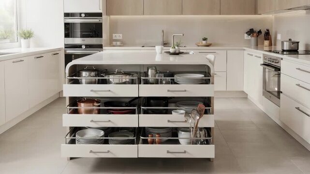 Medium shot of a lowered kitchen counter with pullout shelves extended highlighting easy access for seated use in a modern accessible kitchen.