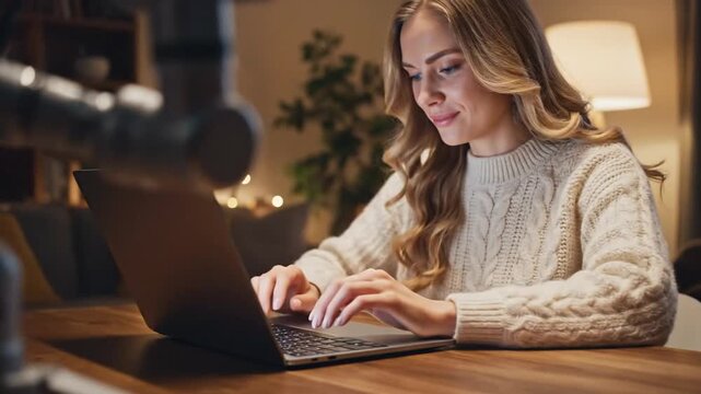 Cinematic slow motion capture of a focused young Caucasian woman opening her modern laptop to begin professional creative work in a bright home office setting with soft lighting