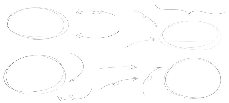 細いペンブラシで書かれた、手描きの二重丸と矢印のセット