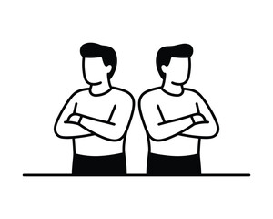 Obraz premium Two minimalist male figures standing back to back with arms crossed isolated on white