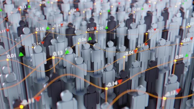Futuristic loop infographic with human silhouettes and statistical charts for demographic research and population growth analysis