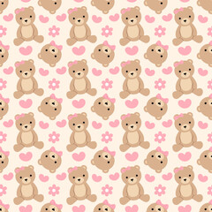 Fototapeta premium Seamless Cute Teddy Bear Pattern with Hearts and Flowers