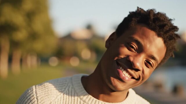 Portrait of a joyful young African American man smiling radiantly toward the camera in a cinematic vertical video format featuring authentic happiness and a charismatic personality in 4K quality.