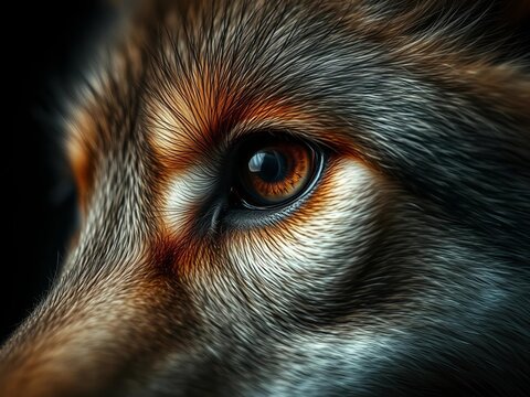 A feral, spectral wolf's eye, fur like aged parchment, captured in sharp, dust-mote clarity ,  parchment,  fur
