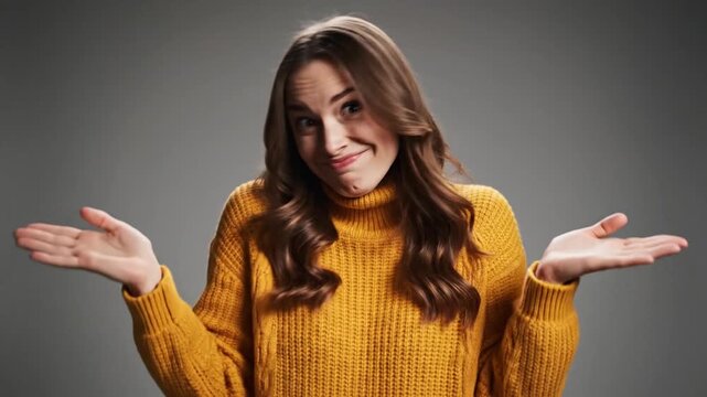 Cinematic slow motion portrait of an expressive young woman humorously holding a prayer pose and begging with a playful desperate facial expression captured in high resolution 4K footage.