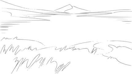 Minimalist black and mountain and river landscape