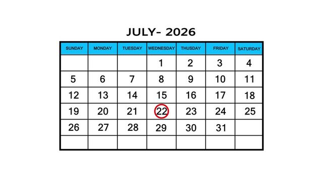 The calendar of July month 22th day is red circled, looped animation .Avery important date in the calendar. Signing a day on a calendar. 4k animation white background 