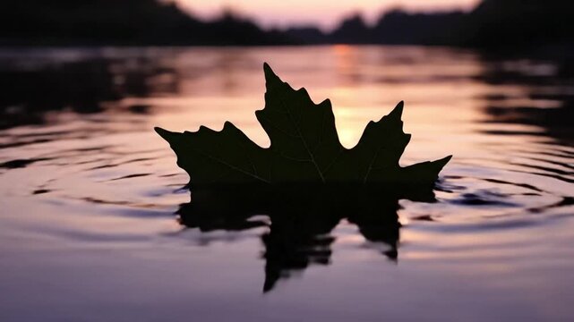 A single vibrant maple leaf gently floats on calm water reflecting a stunning sunset sky evoking feelings of tranquility and autumnal beauty for seasonal design