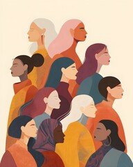 Global gender equality illustration women from different cultures modern editorial style