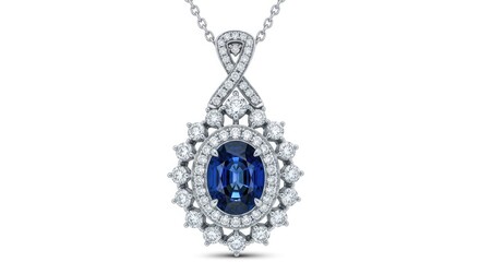 Elegant oval blue sapphire pendant necklace with intricate diamond halo and filigree design, luxurious silver jewelry, high-end bridal or engagement accessory, close-up shot on white background