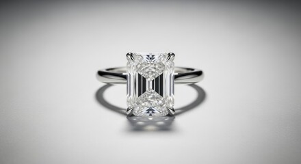 Elegant engagement ring with radiant cut diamond solitaire set in sleek platinum band, high-resolution close-up shot, soft diffused lighting, luxury jewelry, wedding proposal concept