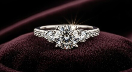 Elegant vintage-style engagement ring with large round diamond centerpiece and smaller accent diamonds on rose gold band, sparkling under soft studio lighting, luxury jewelry design, romantic