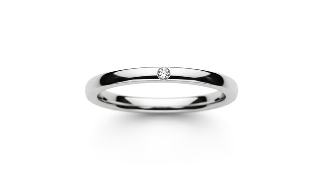 Elegant minimalist white gold engagement ring with small round diamond center stone, subtle black interior band, luxury fine jewelry, romantic wedding accessory, side view on white background