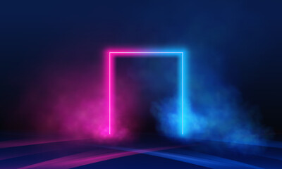 Neon door with smoke, blue glowing portal, futuristic arch gate, magic border with vapor. Vector illustration.
