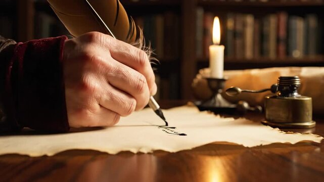 Cinematic atmospheric close up of a person writing a vintage parchment letter using a traditional feather quill pen with black ink under dramatic lighting in slow motion for historical mood.