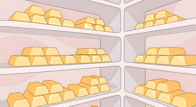 Gold bars on shelves illustration