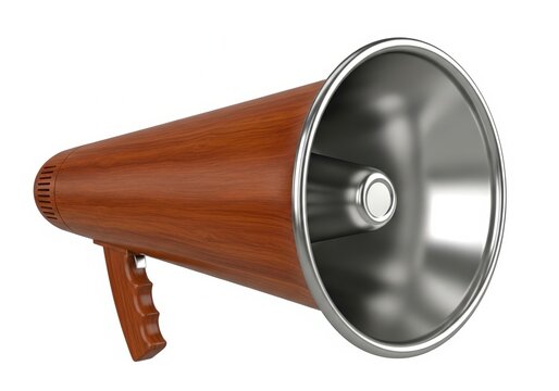 Vintage wooden megaphone with metal interior and handle for amplifying voice