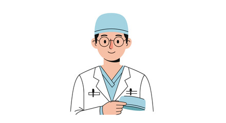 Illustration of a friendly male doctor in a white coat and blue surgical cap displaying confidence and professionalism