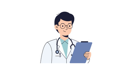 Fototapeta premium Illustration of a Friendly Medical Professional with Glasses Holding a Clipboard in a Modern Healthcare Setting