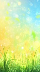 Obraz premium Lively green grass field merges into a yellow and blue dreamy bubble background