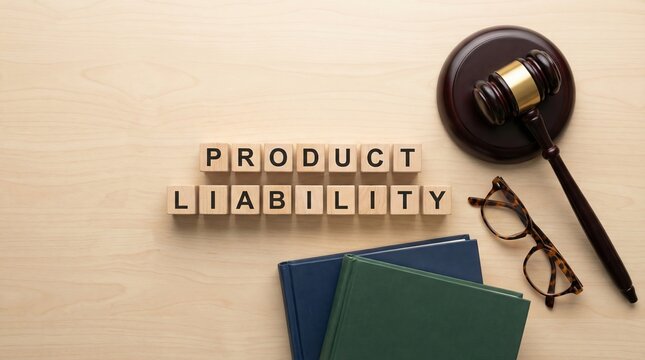 Wooden cubes spelling 'PRODUCT LIABILITY', placed beside document, gavel and glasses atop a wooden legal office table