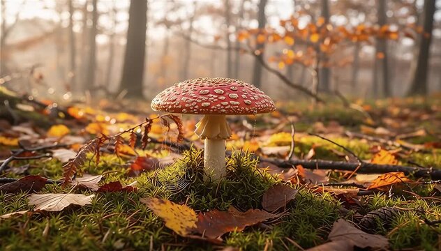 Amanita muscaria mushroom in forest in fall time in natural light, low angle shot.
