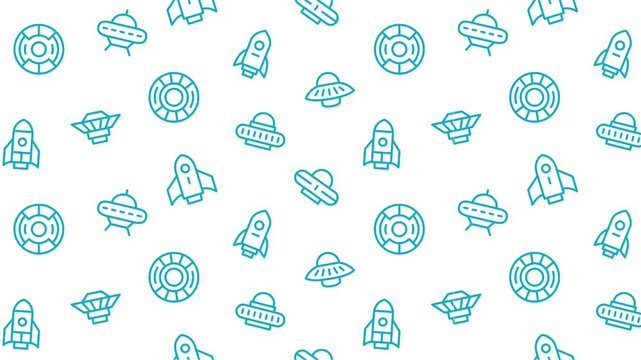 Space ufo seamless pattern, animated blue alien spaceship and rocket icons background, cosmos line art seamless loop, video motion graphics texture backdrop