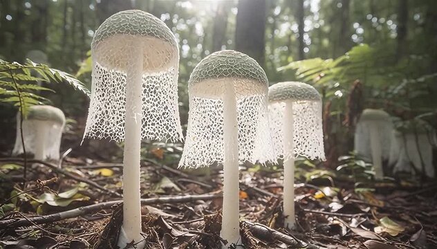 Timelapse of  Phallus indusiatus, commonly called the bamboo mushrooms growing in a wild.
