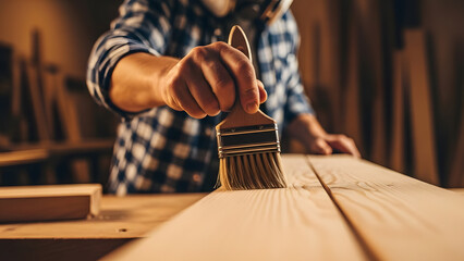 Carpenter applying wood varnish finish with a large brush | Professional craftsman sealing raw pine planks in a workshop | Close-up of hand painting wooden surface protection 