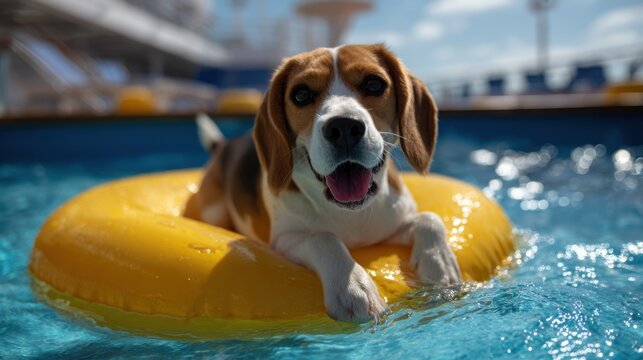 Beagle relaxing in donut shaped pool float on sunny day