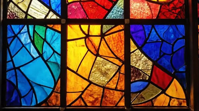 Close-up of a colorful stained glass window with intricate patterns and vibrant hues.