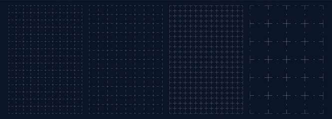 Set of black grid paper background. Blueprint base, notebook sheets, paper for school notes. Background with square grid. Editable stroke © Yulia