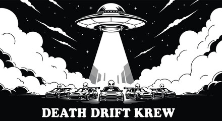  Alien UFO abducting drift racing crew illustration, skull drivers with sports cars under spaceship beam, sci fi street racing scene, dark monochrome vector art © Fazlul