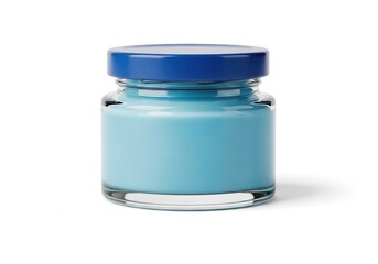 A glass jar filled with blue cream and closed with a blue cap on a white background