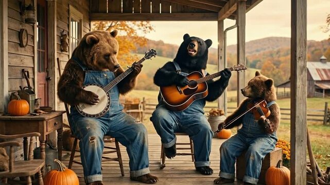 Three anthropomorphic bears playing musical instruments on a rustic porch during autumn.