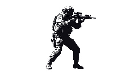 Silhouette of a soldier in tactical gear aiming a rifle with a scope, ready for combat.