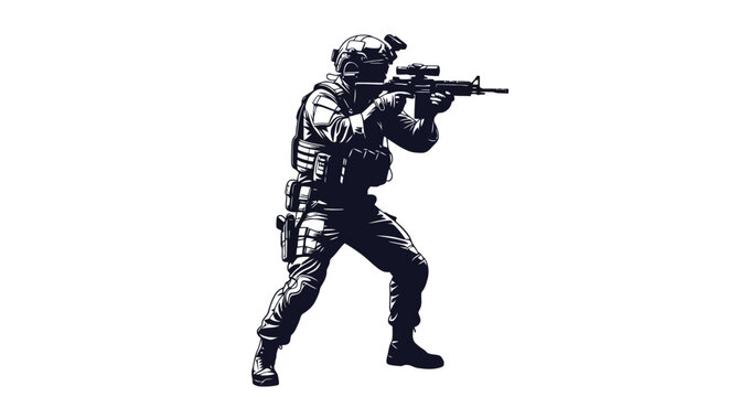 A silhouette of a soldier in tactical gear aiming a rifle with a scope, depicted in a dark, high-contrast style against a white background.