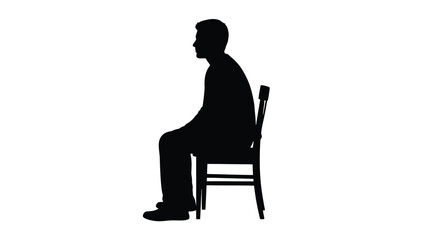 Silhouette of a man sitting upright on a simple wooden chair, viewed from the side against a white background. © nanda