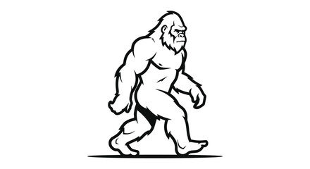 Fototapeta premium A black and white illustration of a muscular Bigfoot or Sasquatch walking with its left leg forward.