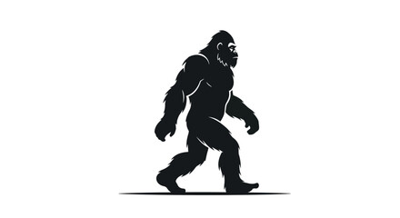 Obraz premium Silhouette of a Bigfoot or Sasquatch creature walking with a determined stride against a white background, showcasing its muscular build and ape-like features.