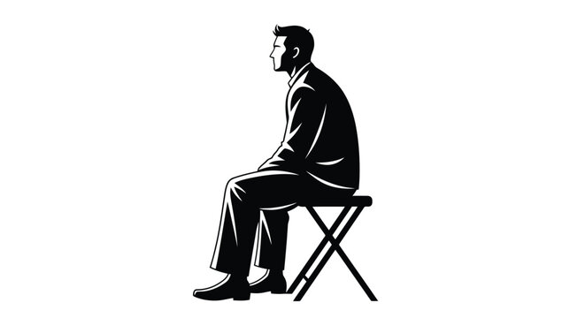 A man in a suit sits patiently on a folding chair, viewed from the side in a black and white illustration.