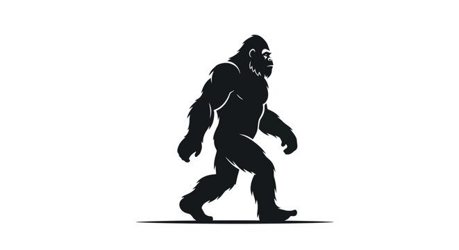 Silhouette of a Bigfoot or Sasquatch creature walking with a determined stride against a white background, showcasing its muscular build and ape-like features.