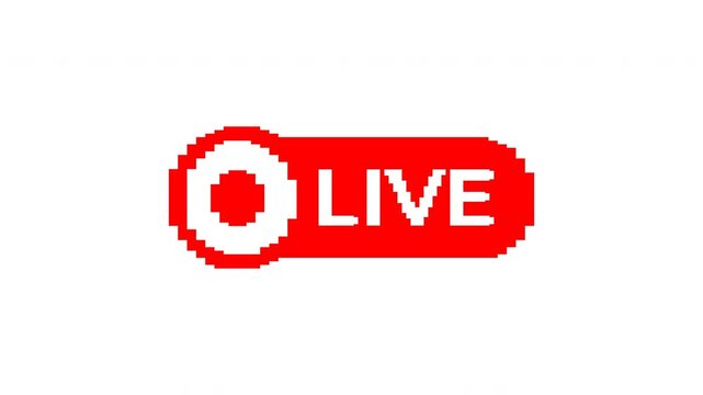 Red and white pixelated live indicator icon for websites, apps, and digital interfaces. Perfect for indicating realtime status or activity.
